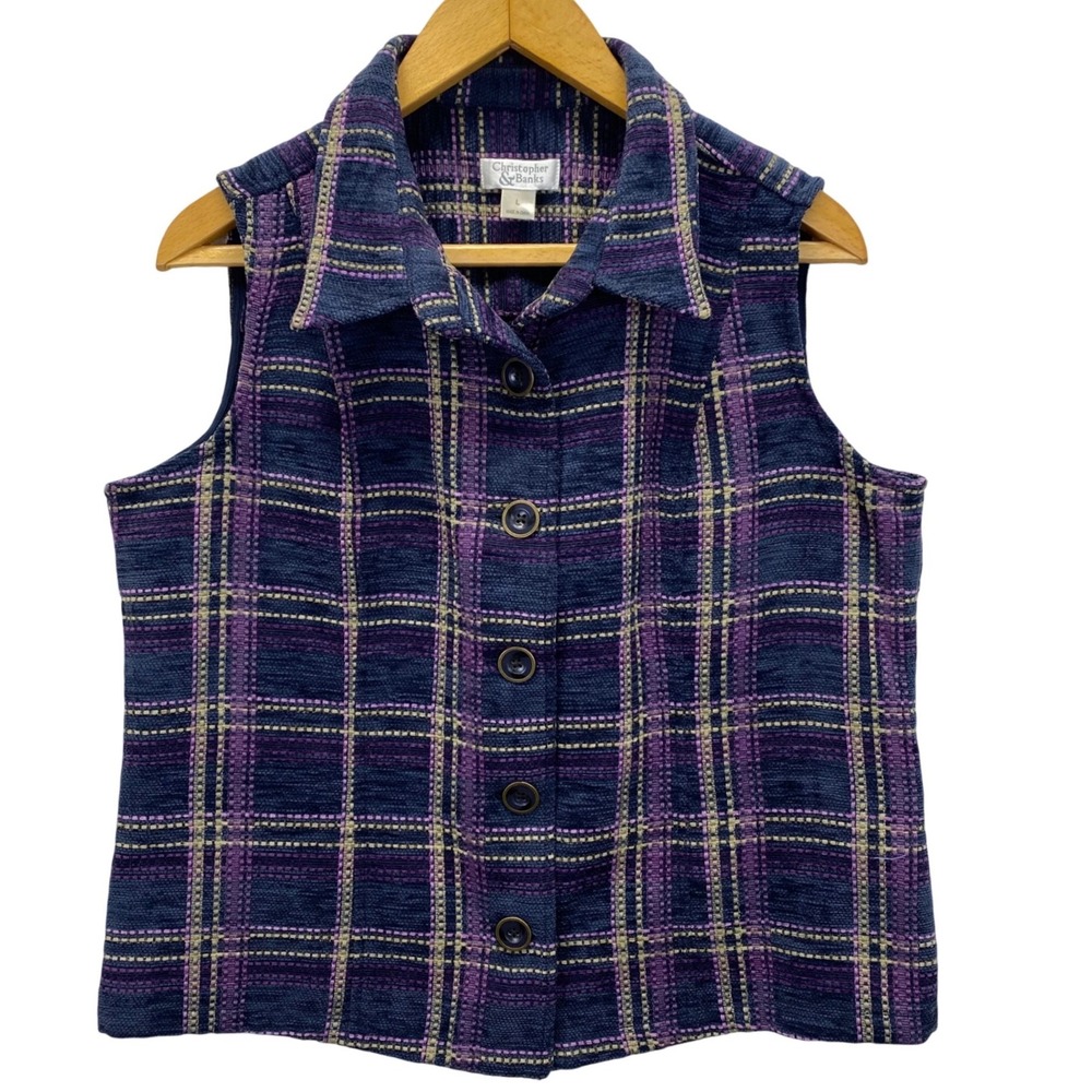 Christopher & Banks Womens Plaid Button Front Sleeveless Vest Top L Navy Purple